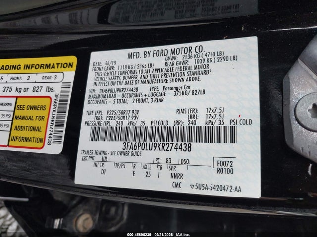 Ford Fusion Hybrid Se 2019 3FA6P0LU9KR274438 Image 9
