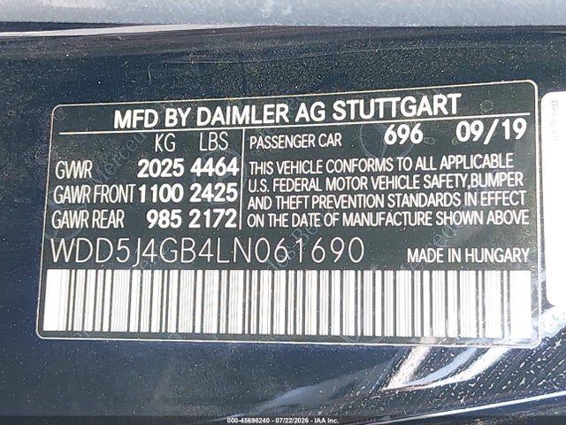 Продаж на аукціоні авто 2020 Mercedes-benz Cla 250, vin: WDD5J4GB4LN061690, номер лоту: 45696240