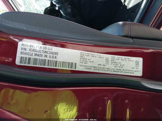 Продажа на аукционе авто 2022 Dodge Durango R/t Awd, vin: 1C4SDJCT5NC206283, номер лота: 45696249