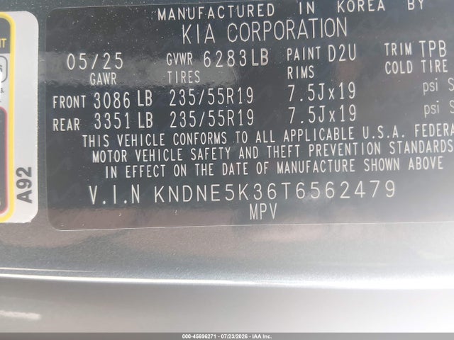 Aukcja sprzedaży 2026 Kia Carnival Mpv Sx, vin: KNDNE5K36T6562479, numer aukcji: 45696271