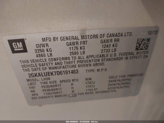45696303 :رقم المزاد ، 2GKALUEK7D6191463 vin ، 2013 Gmc Terrain Slt-1 مزاد بيع