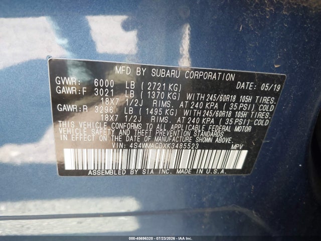 Auction sale of the 2019 Subaru Ascent Premium, vin: 4S4WMACDXK3485523, lot number: 45696320