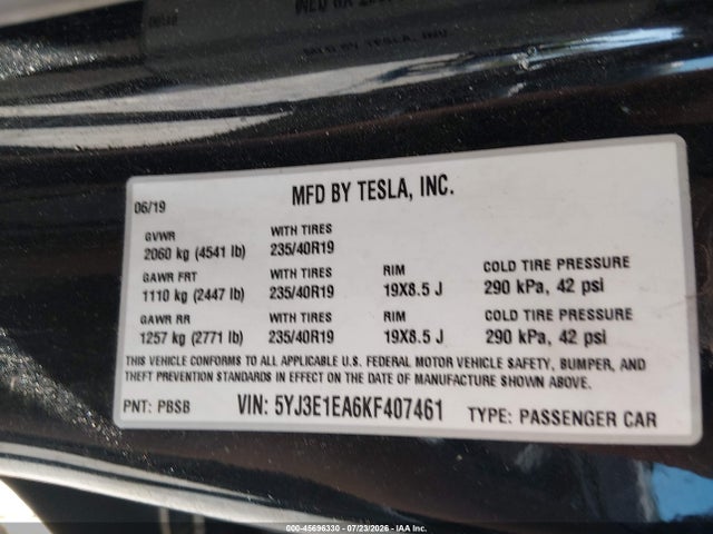 45696330 :رقم المزاد ، 5YJ3E1EA6KF407461 vin ، 2019 Tesla Model 3 Long Range/mid Range/standard Range/standard Range Plus مزاد بيع