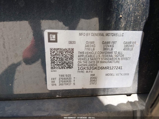 45696337 :رقم المزاد ، 1GKS2GKD6MR127241 vin ، 2021 Gmc Yukon Xl 4wd Slt مزاد بيع