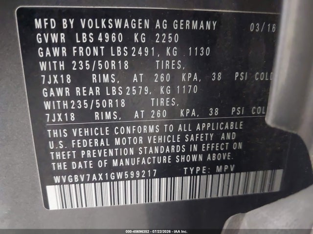 2016 Volkswagen Tiguan Se მანქანა იყიდება აუქციონზე, vin: WVGBV7AX1GW599217, აუქციონის ნომერი: 45696352