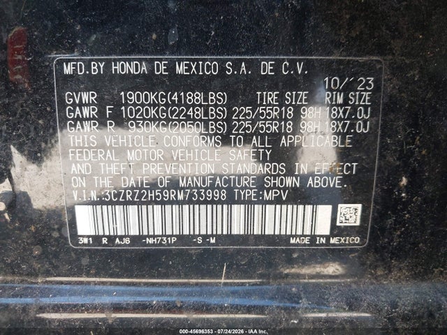 2024 Honda Hr-v Awd Sport/awd Sport W/o Bsi მანქანა იყიდება აუქციონზე, vin: 3CZRZ2H59RM733998, აუქციონის ნომერი: 45696353