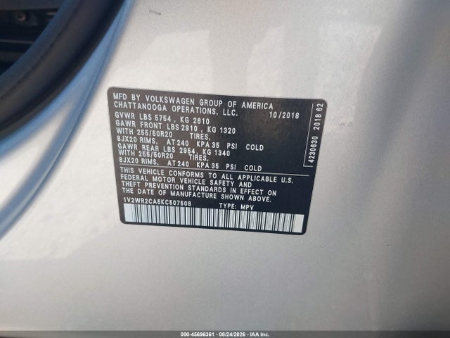 Aukcja sprzedaży 2019 Volkswagen Atlas 3.6l V6 Se W/technology, vin: 1V2WR2CA5KC507508, numer aukcji: 45696361