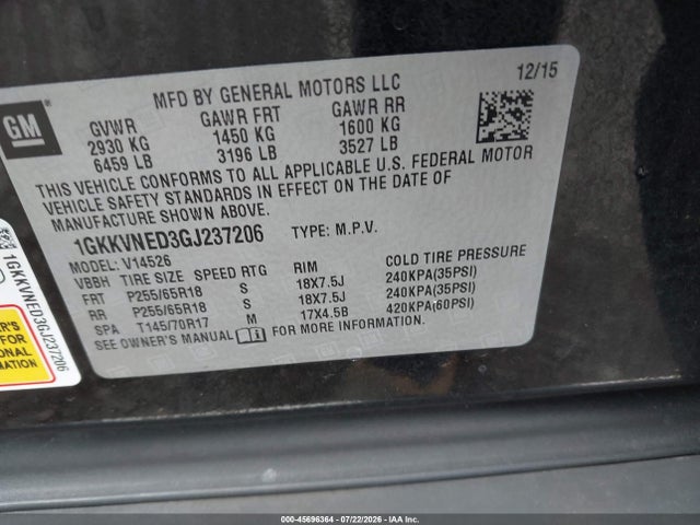 Продажа на аукционе авто 2016 Gmc Acadia Sle-1, vin: 1GKKVNED3GJ237206, номер лота: 45696364