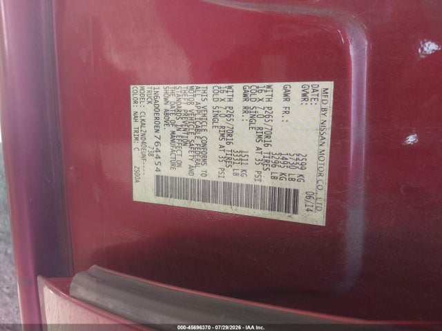 45696370 :رقم المزاد ، 1N6AD0ER0EN764454 vin ، 2014 Nissan Frontier Sv مزاد بيع