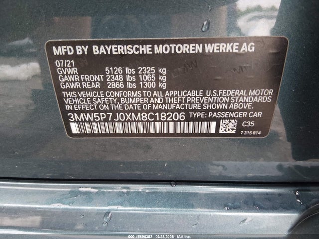 45696382 :رقم المزاد ، 3MW5P7J0XM8C18206 vin ، 2021 Bmw 330e مزاد بيع