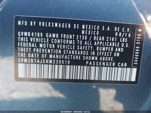 45696387 :رقم المزاد ، 3VW2B7AJ5HM239519 vin ، 2017 Volkswagen Jetta 1.4t S مزاد بيع
