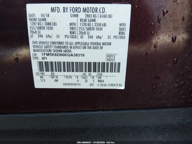45696421 :رقم المزاد ، 1FM5K8D86KGA38319 vin ، 2019 Ford Explorer Xlt مزاد بيع