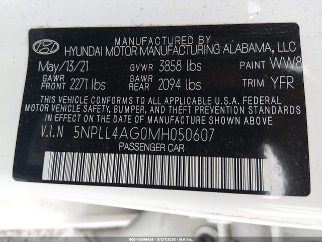 Продаж на аукціоні авто 2021 Hyundai Elantra Se, vin: 5NPLL4AG0MH050607, номер лоту: 45696434