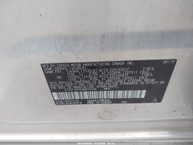 Продажа на аукционе авто 2010 Toyota Rav4, vin: 2T3ZF4DV5AW034046, номер лота: 45696438
