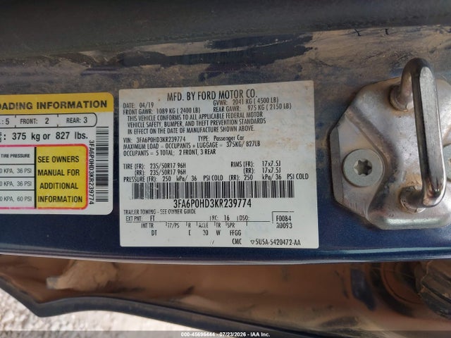 Aukcja sprzedaży 2019 Ford Fusion Se, vin: 3FA6P0HD3KR239774, numer aukcji: 45696444