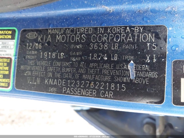 2007 Kia Rio Lx მანქანა იყიდება აუქციონზე, vin: KNADE123276221815, აუქციონის ნომერი: 45696455