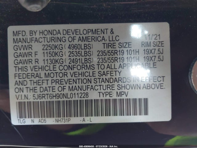 Продажа на аукционе авто 2022 Honda Cr-v Hybrid Touring, vin: 5J6RT6H90NL011228, номер лота: 45696458