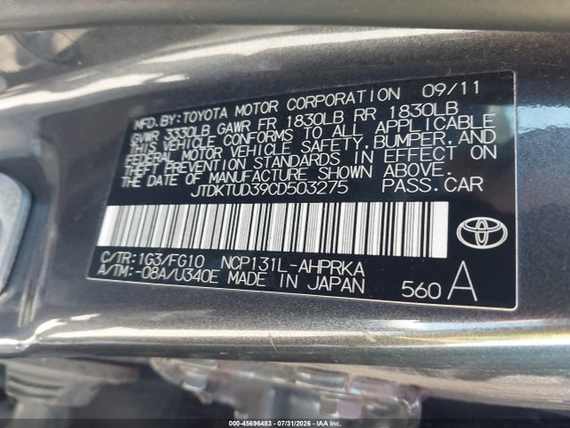 Aukcja sprzedaży 2012 Toyota Yaris Le, vin: JTDKTUD39CD503275, numer aukcji: 45696483