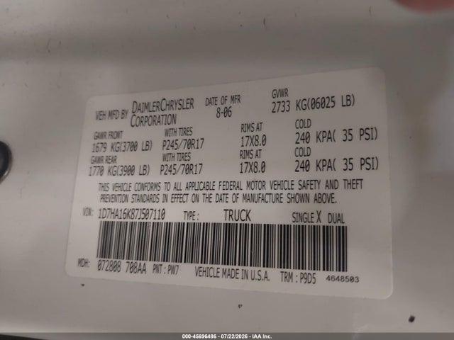 Aukcja sprzedaży 2007 Dodge Ram 1500 St, vin: 1D7HA16K87J507110, numer aukcji: 45696486
