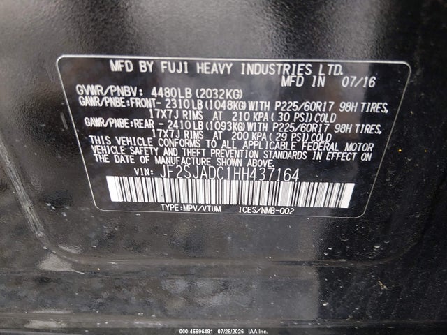 Aukcja sprzedaży 2017 Subaru Forester 2.5i Premium, vin: JF2SJADC1HH437164, numer aukcji: 45696491