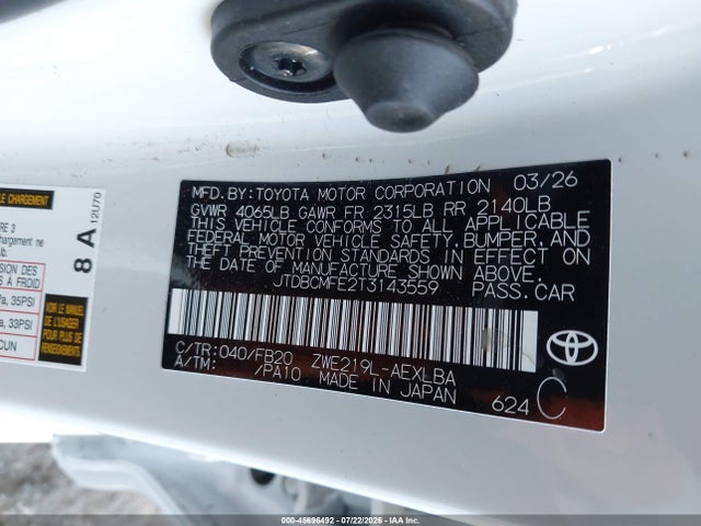 JTDBCMFE2T3143559 Toyota Corolla Hybrid Hybrid Le