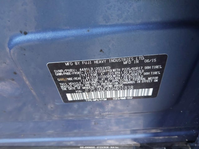 Aukcja sprzedaży 2016 Subaru Forester 2.5i Premium, vin: JF2SJADC4GH401838, numer aukcji: 45696505