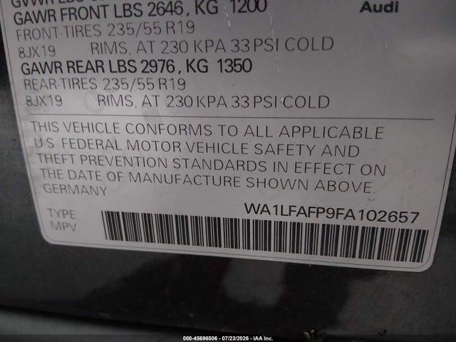 45696506 :رقم المزاد ، WA1LFAFP9FA102657 vin ، 2015 Audi Q5 2.0t Premium مزاد بيع