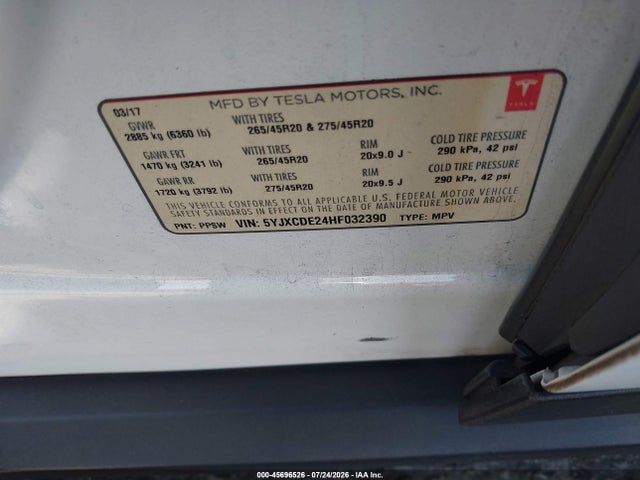 45696526 :رقم المزاد ، 5YJXCDE24HF032390 vin ، 2017 Tesla Model X 100d/75d/90d مزاد بيع