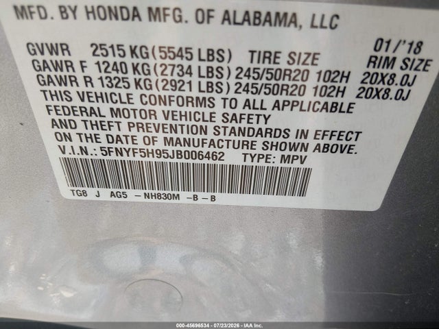 5FNYF5H95JB006462 Honda Pilot Touring