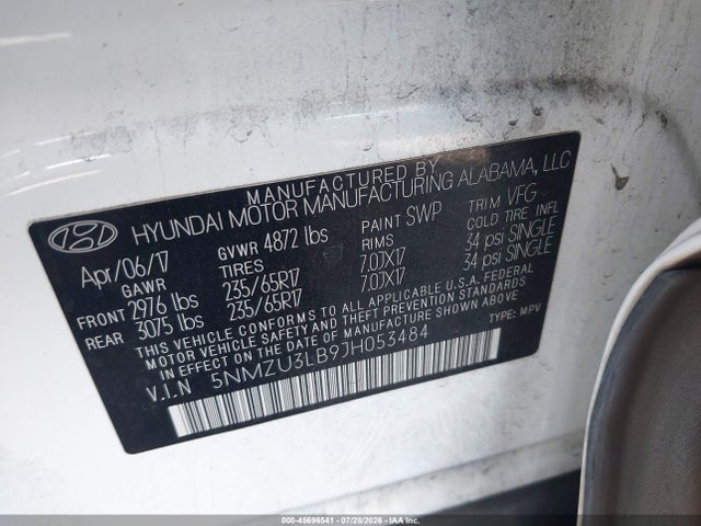 Aukcja sprzedaży 2018 Hyundai Santa Fe Sport 2.4l, vin: 5NMZU3LB9JH053484, numer aukcji: 45696541