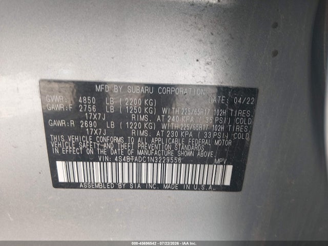 Продажа на аукционе авто 2022 Subaru Outback Premium, vin: 4S4BTADC1N3229556, номер лота: 45696542
