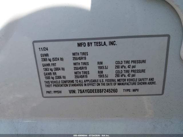 Продаж на аукціоні авто 2025 Tesla Model Y Long Range Dual Motor All-wheel Drive, vin: 7SAYGDEE8SF245260, номер лоту: 45696544