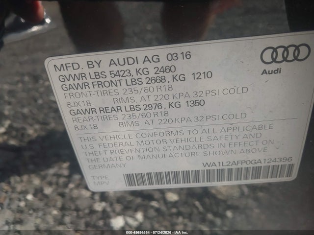 Aukcja sprzedaży 2016 Audi Q5 2.0t Premium, vin: WA1L2AFP0GA124396, numer aukcji: 45696554