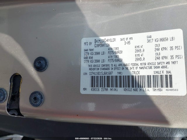 Aukcja sprzedaży 2005 Dodge Ram 1500 Slt/laramie, vin: 1D7HU18D15J601607, numer aukcji: 45696563