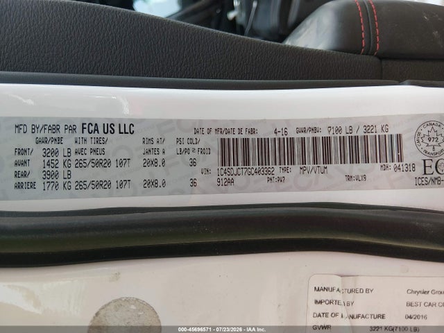 Aukcja sprzedaży 2016 Dodge Durango R/t, vin: 1C4SDJCT7GC403362, numer aukcji: 45696571