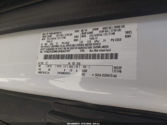 Ford Transit-350 Xl 2018 1FBZX2ZM6JKB42707 Image 9