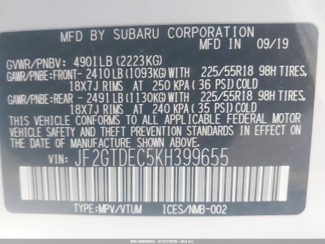 Subaru CROSSTREK HYBRID 2019 JF2GTDEC5KH399655 Image 9