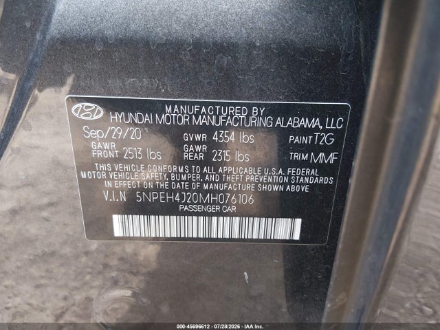 Продажа на аукционе авто 2021 Hyundai Sonata Limited, vin: 5NPEH4J20MH076106, номер лота: 45696612