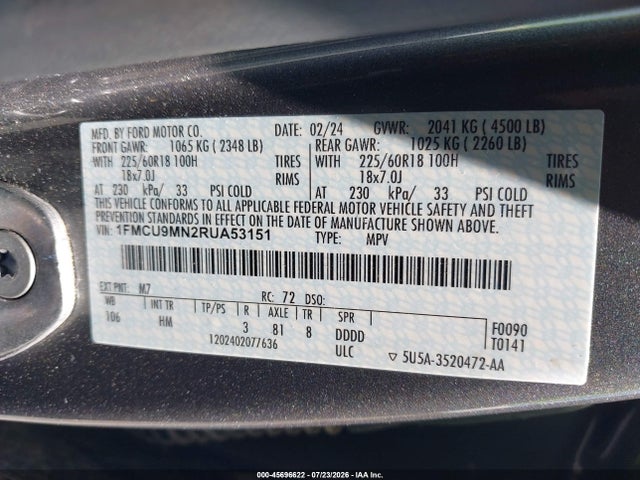 Продаж на аукціоні авто 2024 Ford Escape St-line, vin: 1FMCU9MN2RUA53151, номер лоту: 45696622