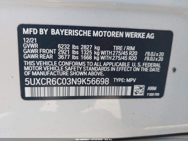 45696631 :رقم المزاد ، 5UXCR6C03N9K56698 vin ، 2022 Bmw X5 Xdrive40i مزاد بيع