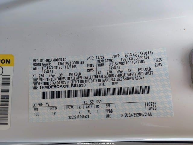 Продаж на аукціоні авто 2022 Ford Bronco Big Bend, vin: 1FMDE5CPXNLB83630, номер лоту: 45696640