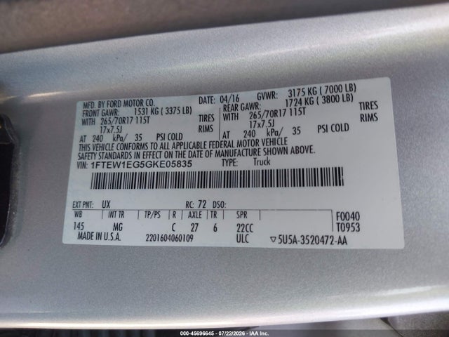 1FTEW1EG5GKE05835 Ford F-150 Xlt