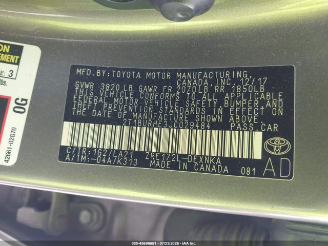 Продаж на аукціоні авто 2018 Toyota Corolla Xle, vin: 2T1BURHE3JC029484, номер лоту: 45696651