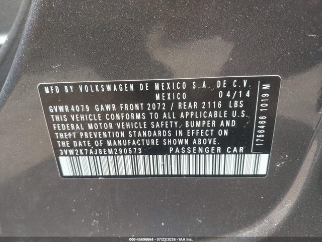 45696664 :رقم المزاد ، 3VW2K7AJ8EM290573 vin ، 2014 Volkswagen Jetta 2.0l S مزاد بيع
