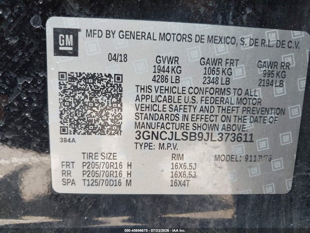 2018 Chevrolet Trax Lt მანქანა იყიდება აუქციონზე, vin: 3GNCJLSB9JL373611, აუქციონის ნომერი: 45696670
