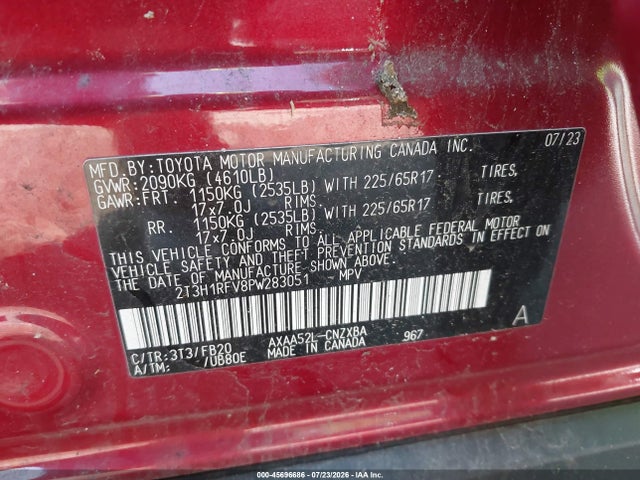 Aukcja sprzedaży 2023 Toyota Rav4 Le, vin: 2T3H1RFV8PW283051, numer aukcji: 45696686