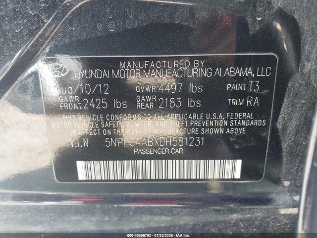 2013 Hyundai Sonata Limited 2.0t მანქანა იყიდება აუქციონზე, vin: 5NPEC4ABXDH581231, აუქციონის ნომერი: 45696702