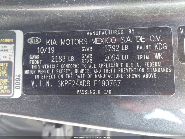 2020 Kia Forte Fe მანქანა იყიდება აუქციონზე, vin: 3KPF24AD8LE190767, აუქციონის ნომერი: 45696703