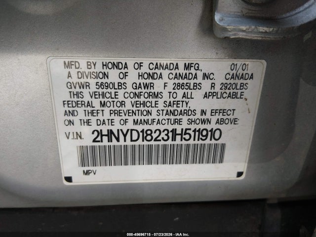 45696715 :رقم المزاد ، 2HNYD18231H511910 vin ، 2001 Acura Mdx مزاد بيع