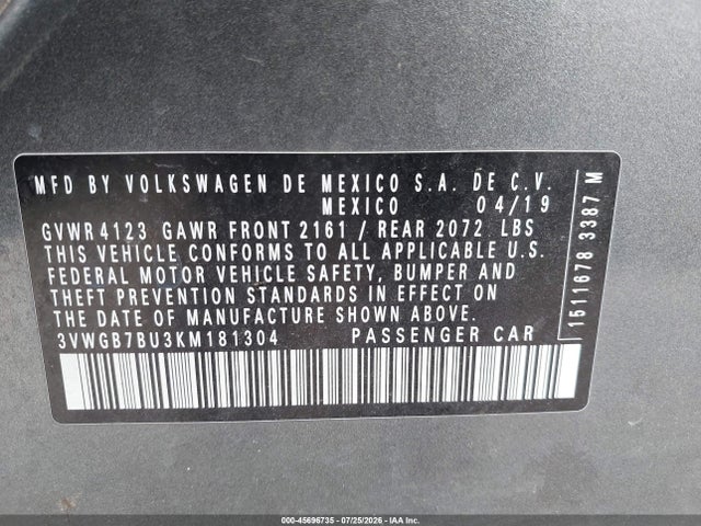 3VWGB7BU3KM181304 Volkswagen Jetta 1.4t Sel Premium